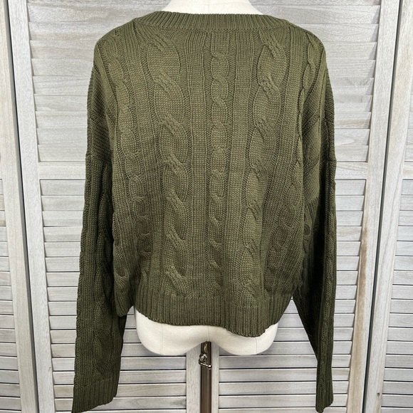 POOF APPAREL Cropped V Neck Cable Knit Sweater Olive Green-Large - Picture 2 of 2